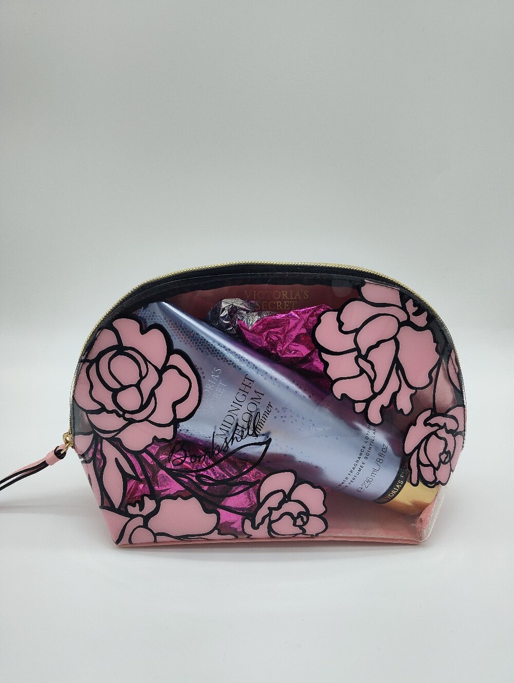 VICTORIA'S SECRET Bombshell Floral Cosmetic Pouch Midnight Bloom Lotion Set NWOT